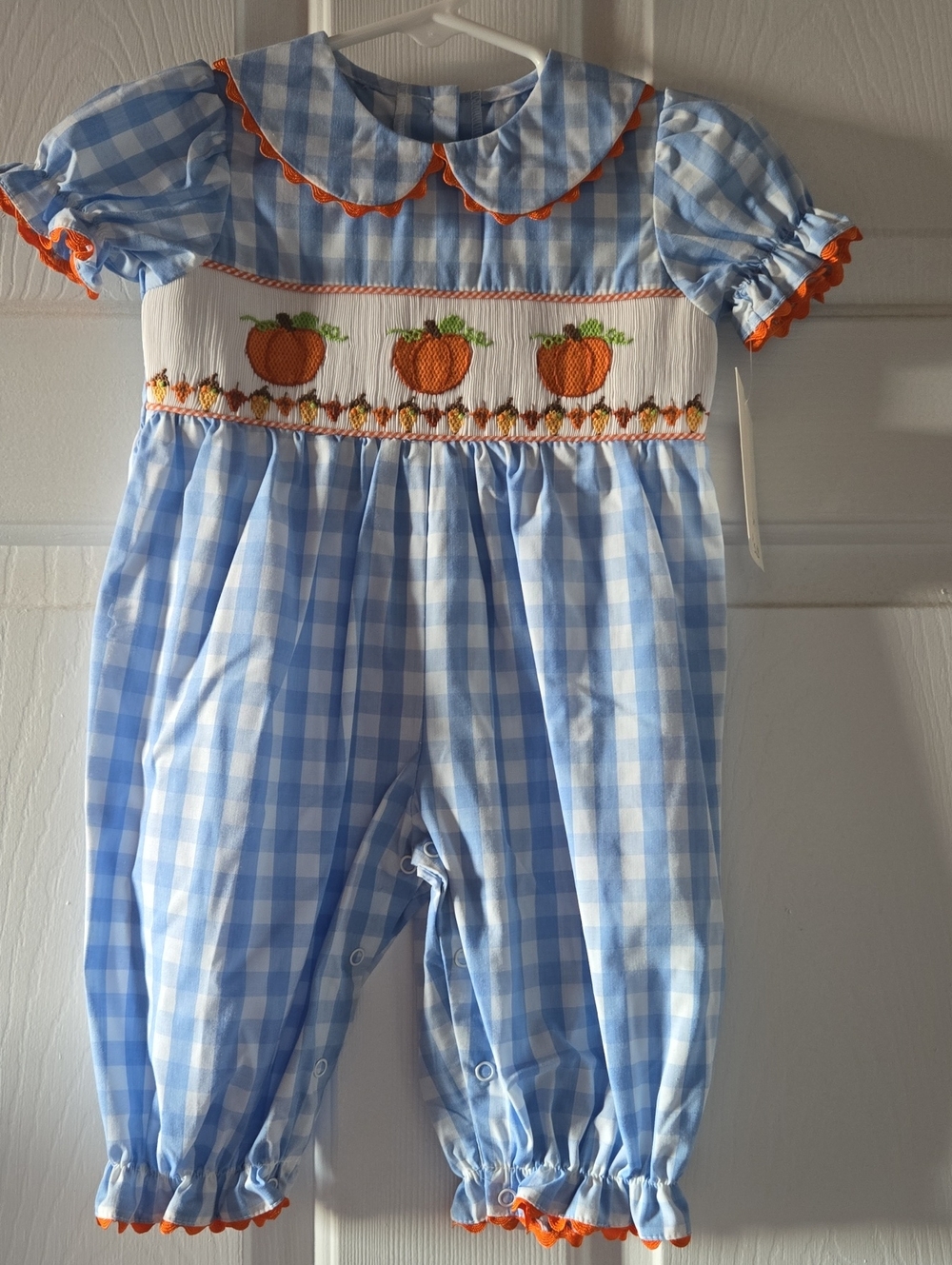 Blue Gingham Pumpkin Smocked Kids Romper - Seasonal Outfit